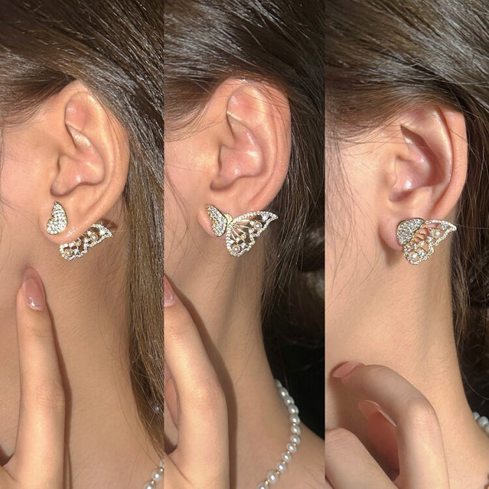 Korean Zircon And Pearl Butterfly Front Back Earrings | Luxury Look Artificial Earrings | Girls Earrings | Women Earrings - Golden