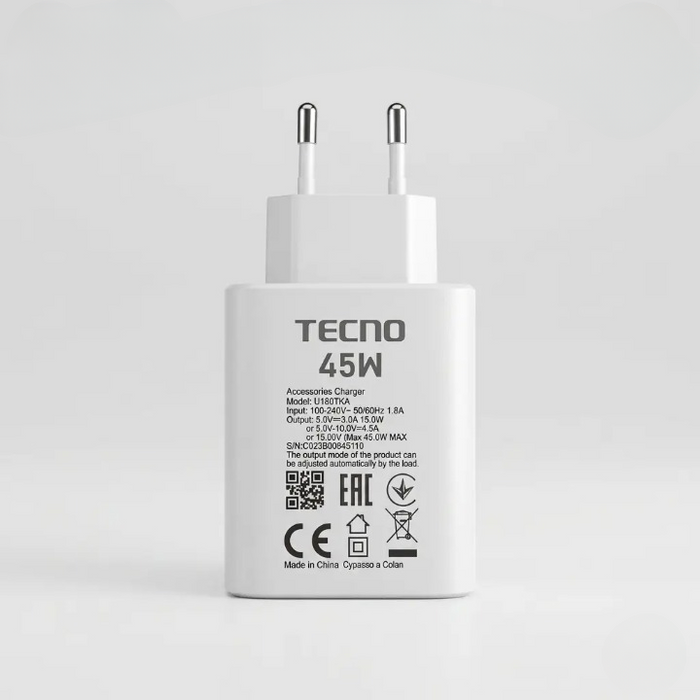 Tecno 45W Original Fast Charging Power Adapter | USB Type-A Wall Charger For Tecno Smartphones | 45W Fast Charger