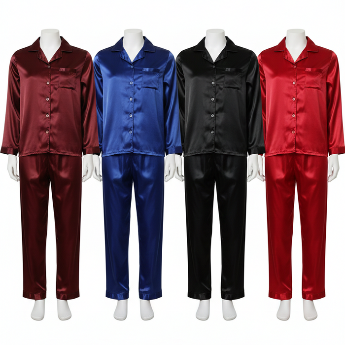 Couple Night Suit Silk Satin Pajama Set – Long Sleeve Top & Pants | SKU: DC-C011 | Black (4 Pcs)