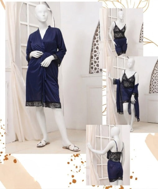 Women's Luxury Silk Nightwear Set With Black Lace – 3 Piece Robe & Slip Dress SKU R-011 (Color Black Free Size)