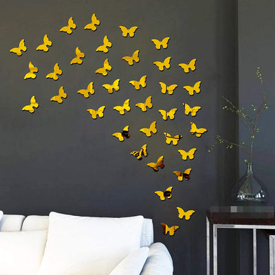 (Pack Of 30) 3D Acrylic Butterfly Wall Decoration Items For Home, Bedrooms Inspire Kids And Look Decent - Golden