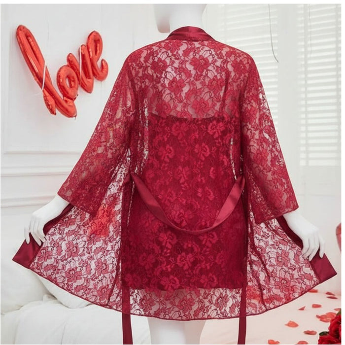 Soft Lace Robe & Silk Inner – 2 Piece Transparent Net Gown Set | Free Size (Fits Up To 38” Chest) | DC-2052 -Black