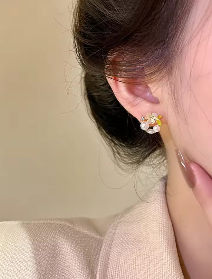 AWT-118 Korean Leaf Sparkling Pearl Earrings – | Elegant Leaf Design With Premium Pearls, Perfect For Daily Wear, Parties & Special Occasions Black Colour
