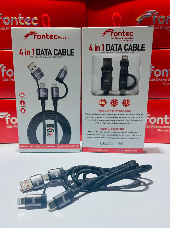 Fontec Fast4 4-In-1 Data Cable - 65W High-Speed Charging & Data Transmission Braided Cable