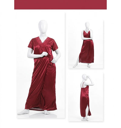 2 Pcs Premium Silk Lace Women's Sleepwear Set Inner & Gown Nightwear (Size Free Color Black)