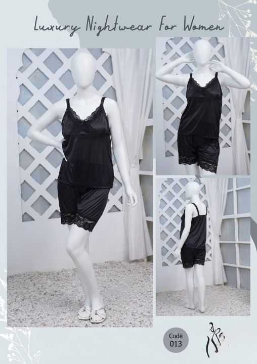 Women's Silk Nightwear Set With Black Lace – 2 Piece Cami Top & Shorts Sleepwear (Free Size) [SKU R-013] - Black