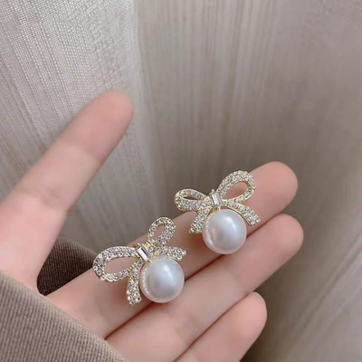 Bow Knot Pearl Earrings With Zircon – Korean Style (PJX-113)
