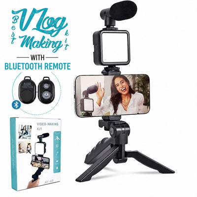 AY-49 Vlogging Kit | Portable Video Recording Setup With LED Light, Shotgun Mic & Flexible Tripod Without Remote