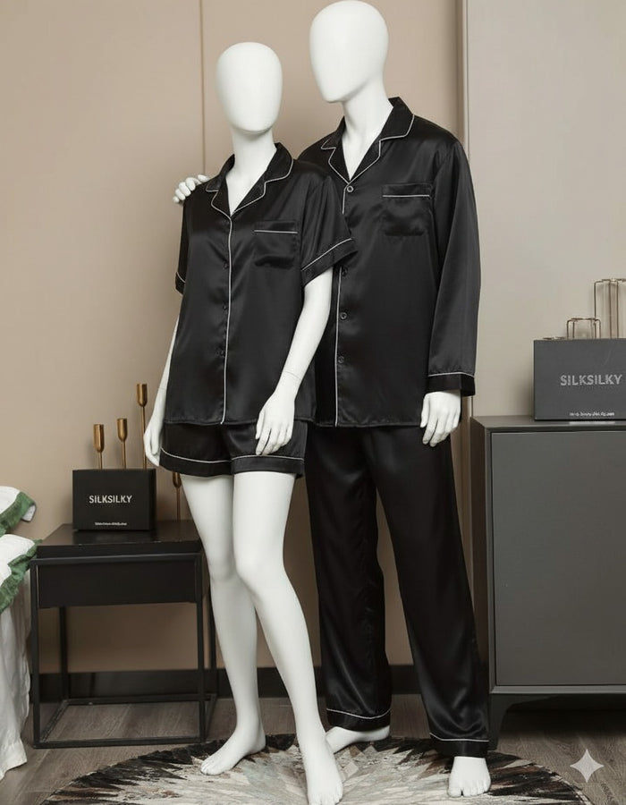 Couple Night Suit / Silk Satin Sleepwear Set – Short & Long Style Combo (4 Pcs) | SKU: DC-C009 ~ Black
