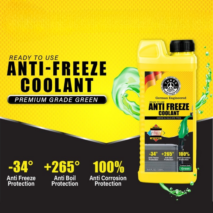THREE GUYS Antifreeze Coolant Green – Long Life Ready-To-Use Coolant | IAT Formula | Radiator Coolant For Car, SUV & Bike Engines | Rust & Freeze Protection | 1L