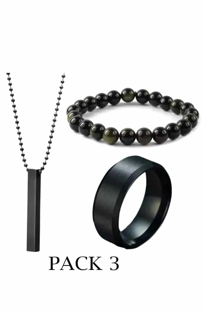 Pack Of 3 Vertical Bar Boy's Pendant, Ring And Bracelet Set, Color Black - 16