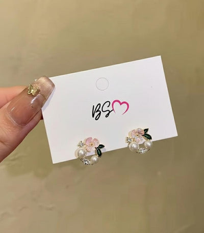AWT-118 Korean Leaf Sparkling Pearl Earrings – | Elegant Leaf Design With Premium Pearls, Perfect For Daily Wear, Parties & Special Occasions Black Colour