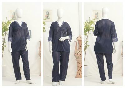 Women’s Luxury Silk Satin Pajama Set With Elegant Lace Trim SKU R-010 (Color Black Free Size)
