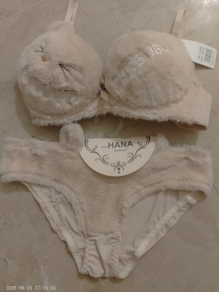 Cute Fur Style Double Padded Woolen Bikini Set – Soft Beige Plush Bra & Panty Lingerie Set - Size 38