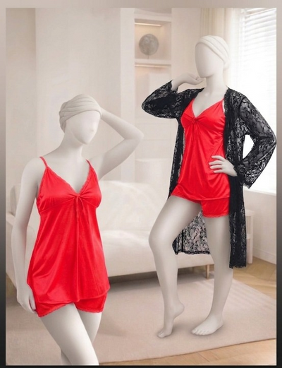 3-Piece Women's Sleepwear Set – Camisole, Shorts & Lace Gown Soft Satin Nightwear Free Size (Black)