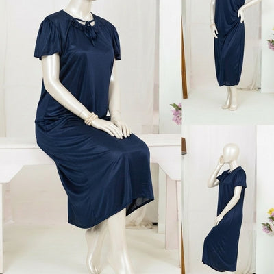 1 Pc Silk Satin Bow Tie Maxi Night Dress – Elegant Short Sleeve Women Nighty Free Size - SKU-R130 (Black)