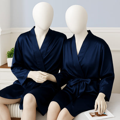 Elegant Silk Couple Gown / Robe Set – Wrap Style With Waist Belt (2 Pcs) | DC-C008 Black
