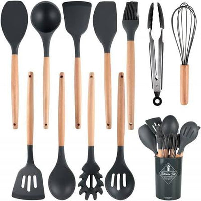 12 Pcs Kitchen Utensils Set | BPA Silicon & Wooden Kitchen Spoon Set | Heat Resistant Kitchen Non Toxic Spatula Set With Turner Tongs,Spoon,Brush,Whisk-Wooden Handle - Random Color