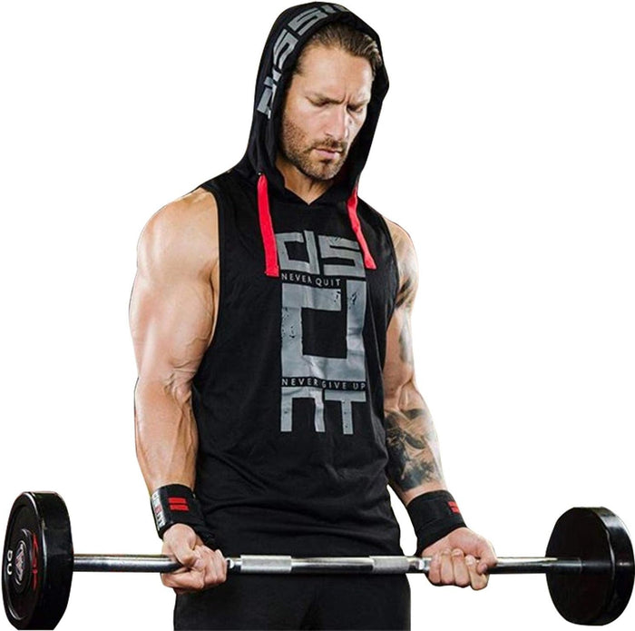 Black Gym Sleeveless Hood Tracksuit - Black Gym Sleeveless Hood Summer Tracksuit - Ready To Wear 2-Piece Set | Men's Sports & Jogging Wear  - L