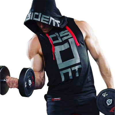 Black Gym Sleeveless Hood Tracksuit - Black Gym Sleeveless Hood Summer Tracksuit - Ready To Wear 2-Piece Set | Men's Sports & Jogging Wear  - L