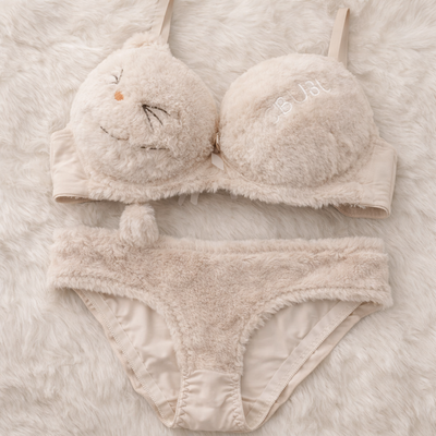 Cute Fur Style Double Padded Woolen Bikini Set – Soft Beige Plush Bra & Panty Lingerie Set - Size 38