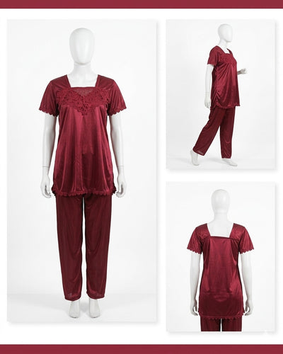 2 Pcs Premium Silk Lace Women's Sleepwear Set T-Shirt & Trouser Nightwear (Free Size Color Black)