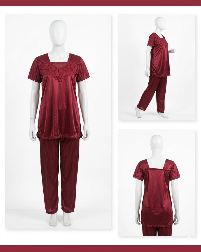 2 Pcs Premium Silk Lace Women's Sleepwear Set T-Shirt & Trouser Nightwear (Free Size Color Black)