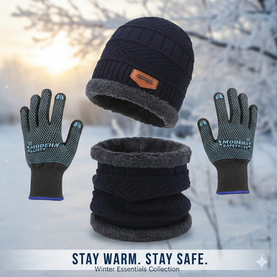 Premium Knitted Beanie Cap, Neck Gaiter And Touchscreen Gloves Combo Pack | Complete Winter Essentials For Cold Weather Protection (Random Color)