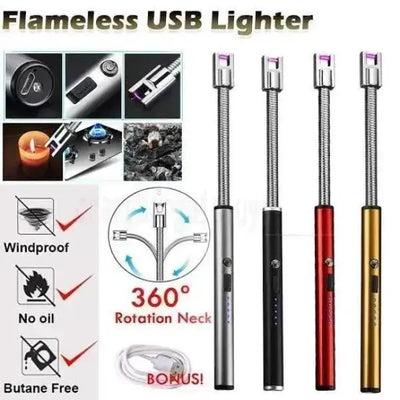 USB Rechargeable Electric Arc BBQ Lighter Windproof Flameless Plasma Lighter With 360° Flexible Neck And LED Battery Indicator For Kitchen Candles BBQ