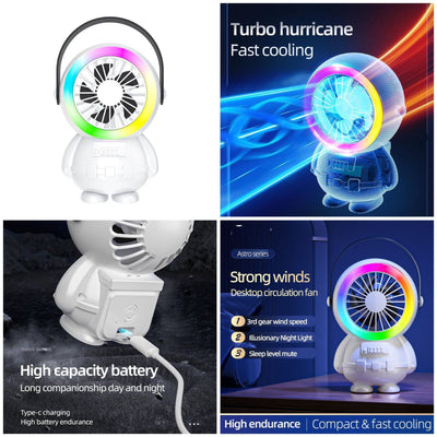 Astro Series Astronaut Mini Desktop Fan – Portable USB Rechargeable Fan With RGB Night Light