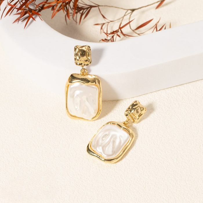 Elegant Korean Gold Foil Earrings With White Stone – Golden (PXT-115)