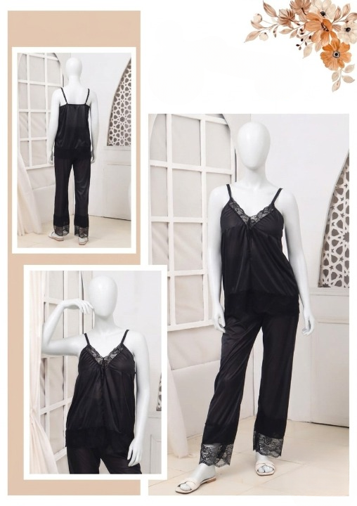 Women's Silk Top Pajama Set With Lace – Luxury Sleepwear Collection (Free Size) [SKU R-012] - Black