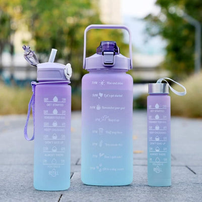 Sports Water Bottles 3 Pcs Set With Motivational Time Marker & Leak Proof Flip Top Lid (Random Color)
