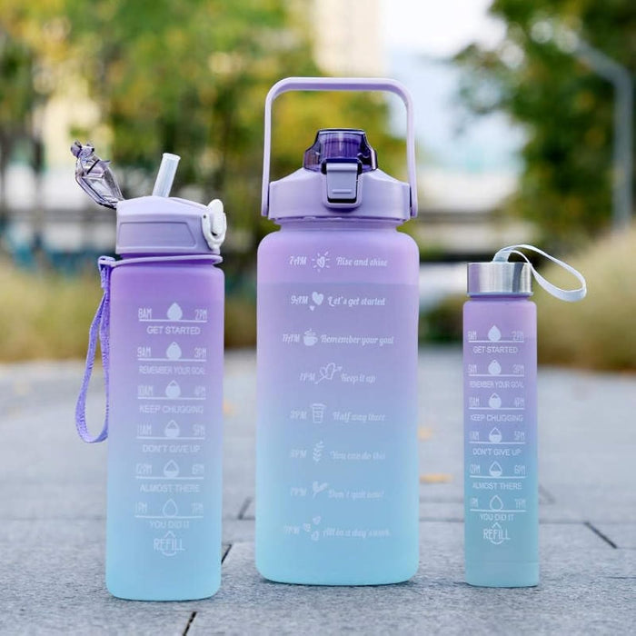 Sports Water Bottles 3 Pcs Set With Motivational Time Marker & Leak Proof Flip Top Lid (Random Color)