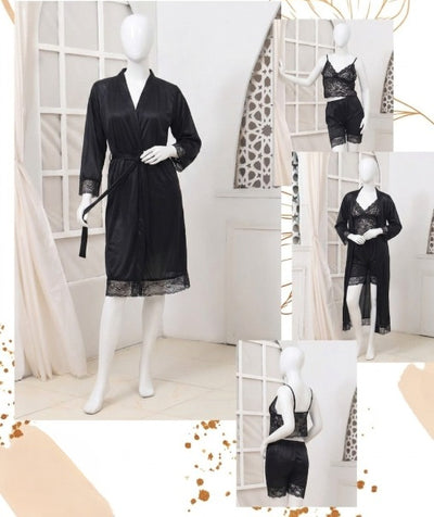 Women's Luxury Silk Nightwear Set With Black Lace – 3 Piece Robe & Slip Dress SKU R-011 (Color Black Free Size)