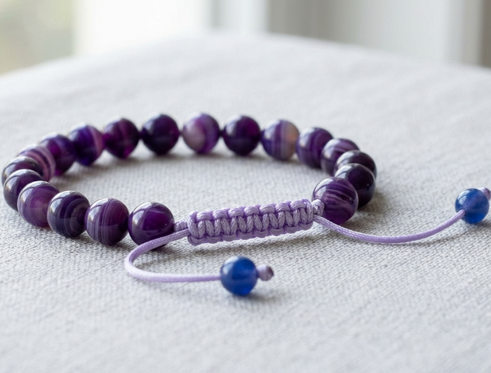 Amythest Stone Braclet - Natural Purple Crystal Healing Quartz Gemstone Stretch Wrist Band - Adjustable