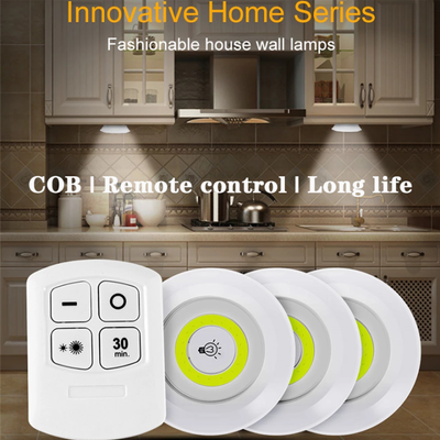 Pack Of 3 LED Remote Control Lights – Tap Lights With Self Adhesive For Cabinet, Wardrobe & Kitchen ~ Cell Operated