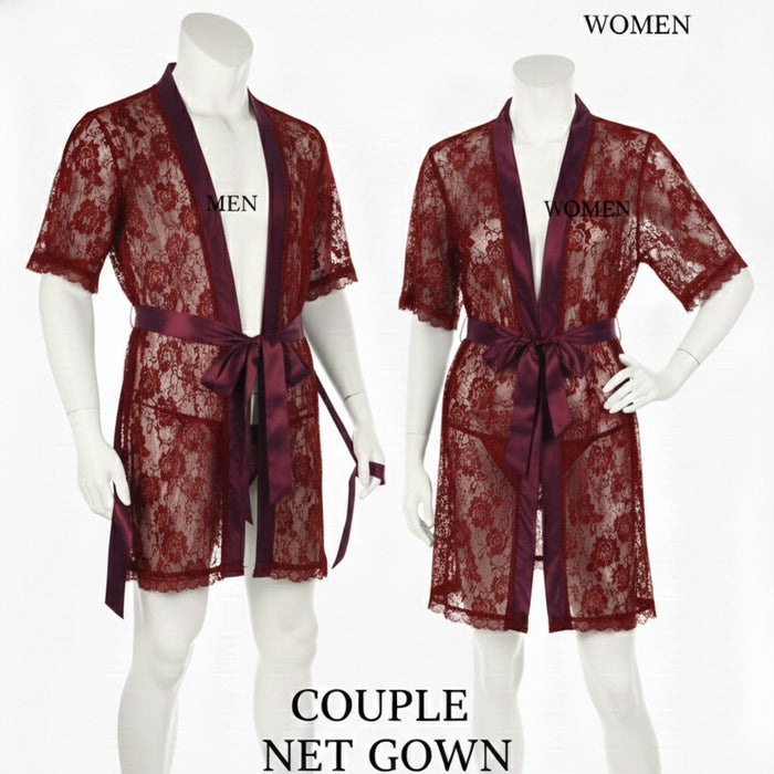 Couple Matching Romantic Robe / Gown Set – Sensual Net Nightwear For Men & Women (Pack Of 2) | SKU: DC-C004 | Black