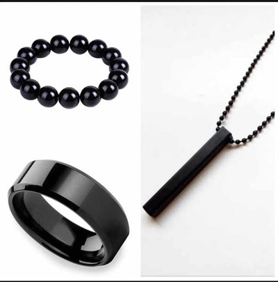 Pack Of 3 Vertical Bar Boy's Pendant, Ring And Bracelet Set, Color Black - 16