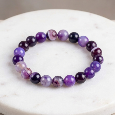 Amythest Stone Braclet - Natural Purple Crystal Healing Quartz Gemstone Stretch Wrist Band - Adjustable