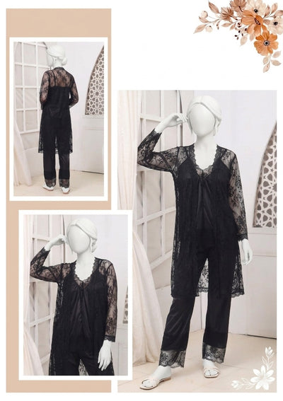 3 Pcs Premium Silk & Net Black Lace Women's Sleepwear Set Top Trouser & Gown (Size Free Color Black)