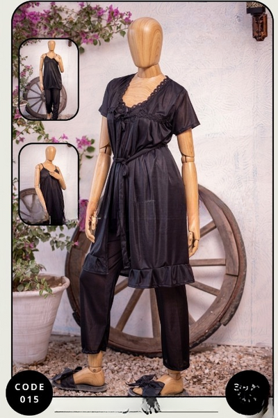 Luxury Silk 3-Piece Nightwear Set For Women – Free Size – Premium Satin Robe & Pajama Suit (SKU: R-015) - Black