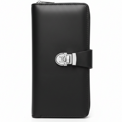 Premium Black Leather Travel Organizer Wallet With Metal Lock Closure