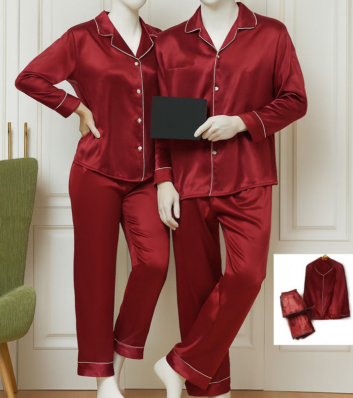 Classic Couple Night Suit Silk Satin Pajama Set – Long Sleeve Top & Full-Length Pants (4 Pcs) | Free Size SKU: DC-C007 Black