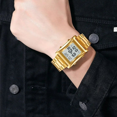 Skmei Men’s Digital Square Watch – Stainless Steel Chain, Quartz Movement, Without Box - Golden