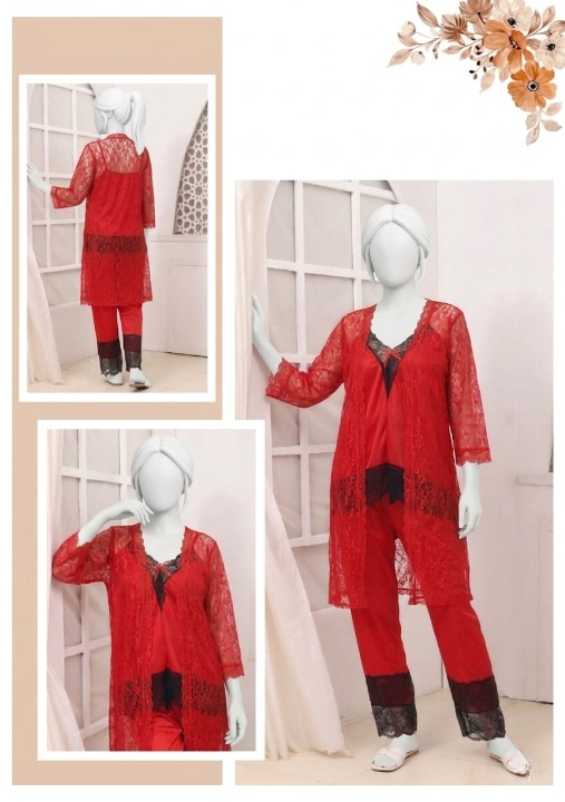 3 Pcs Premium Silk & Net Black Lace Women's Sleepwear Set Top Trouser & Gown (Size Free Color Black)