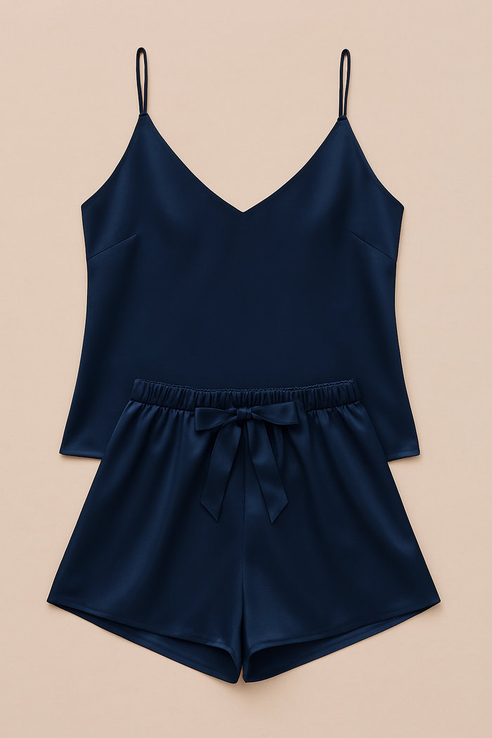 Satin Sleepwear Set - Luxe Camisole And Shorts - Apparel Product Designed For Sleep And Daily Lounging Routine - Free Size (Black)