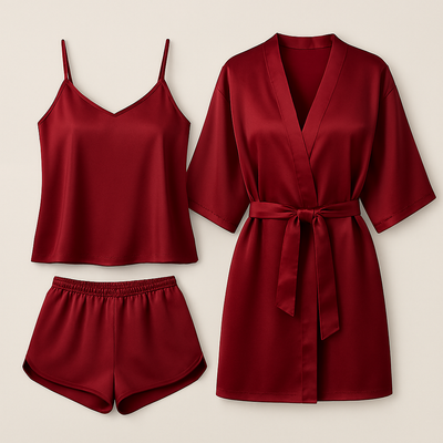 3-Piece Satin Sleepwear Set For Women – Camisole, Shorts & Robe | Elegant Nightwear & Loungewear – Free Size (Black)