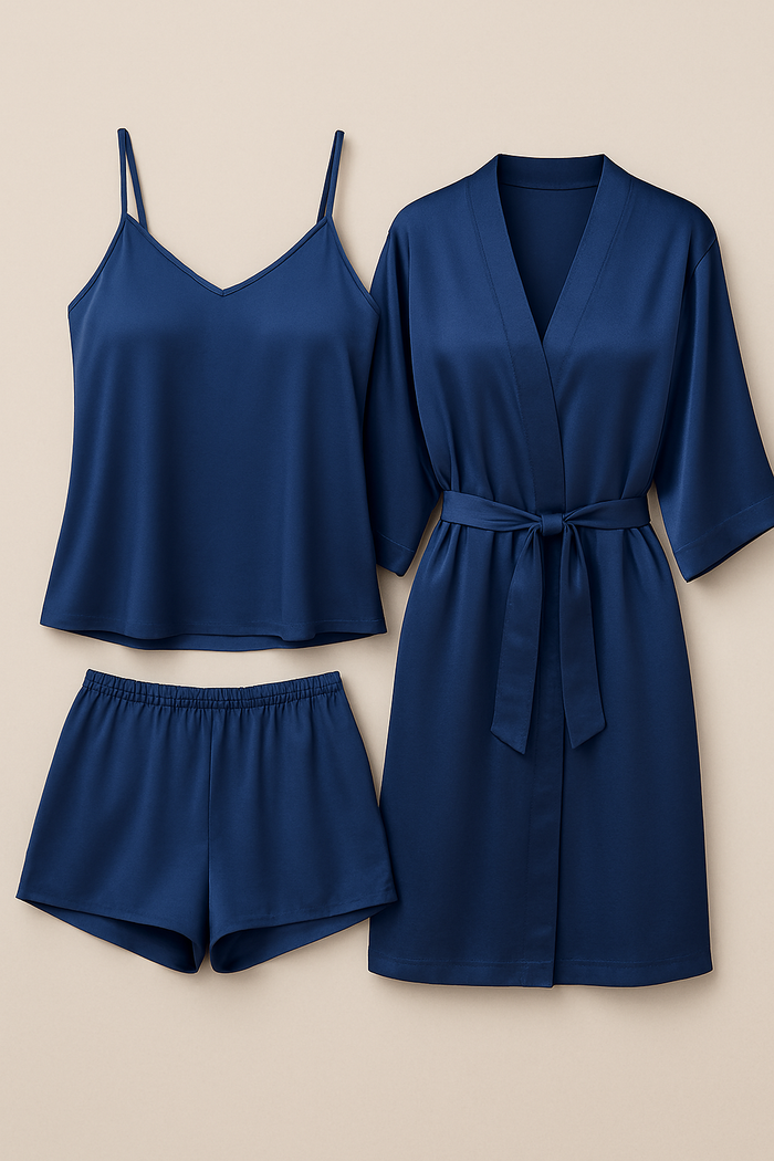 3-Piece Satin Sleepwear Set For Women – Camisole, Shorts & Robe | Elegant Nightwear & Loungewear – Free Size (Black)