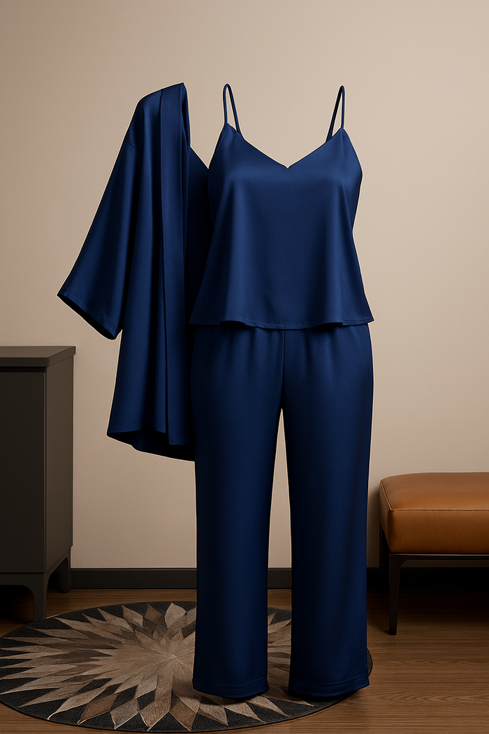 3-Piece Premium Satin Sleepwear Set For Women – Camisole, Pants & Robe | Nightwear & Loungewear | Free Size (Black)